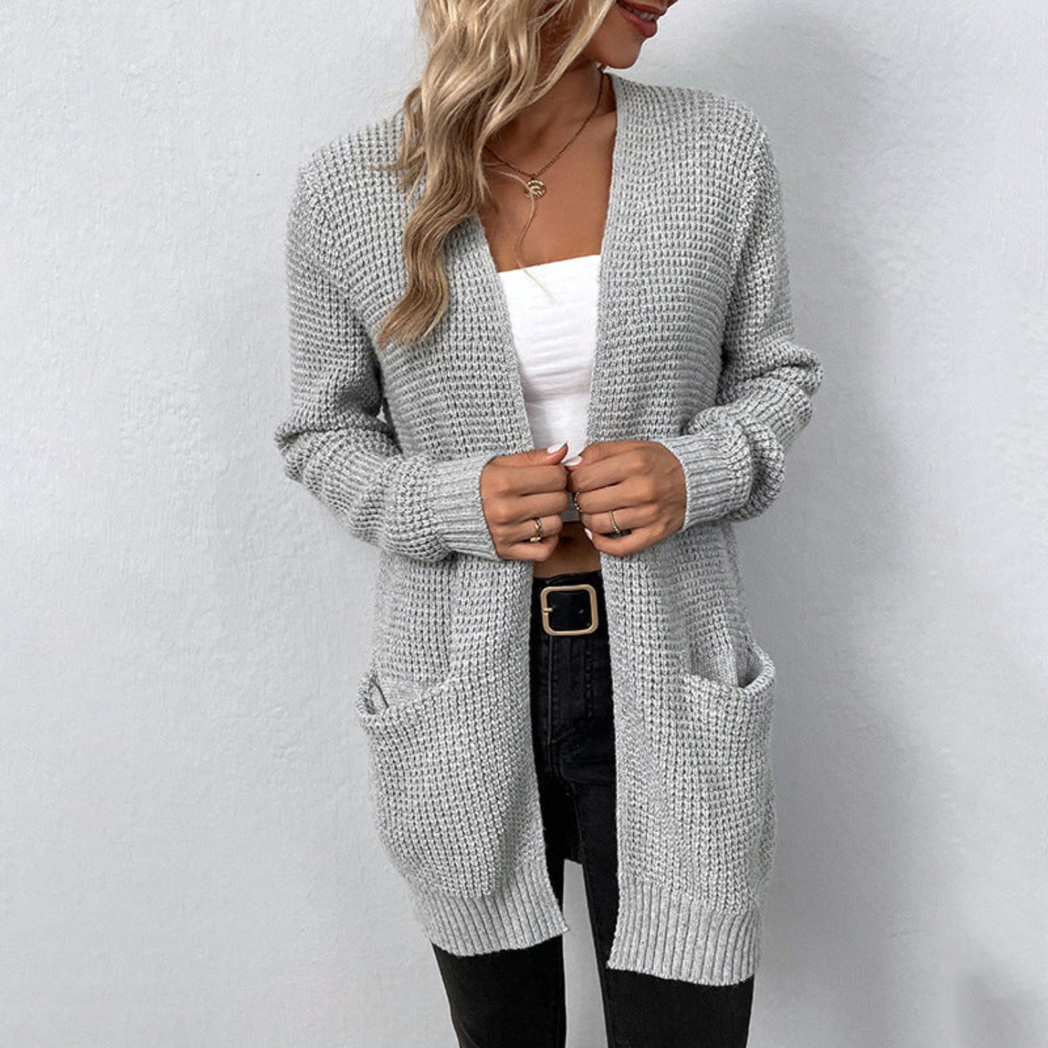 Cardigan grigio da donna a maniche lunghe