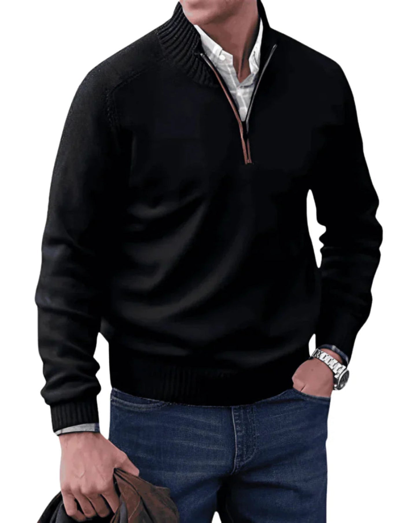 Maglione nero con zip da uomo a maniche lunghe e collo alto
